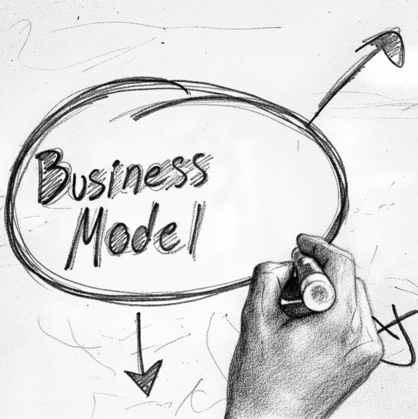 Eine hand, die auf ein Whiteboard die Worte Business und Model geschrieben hat
